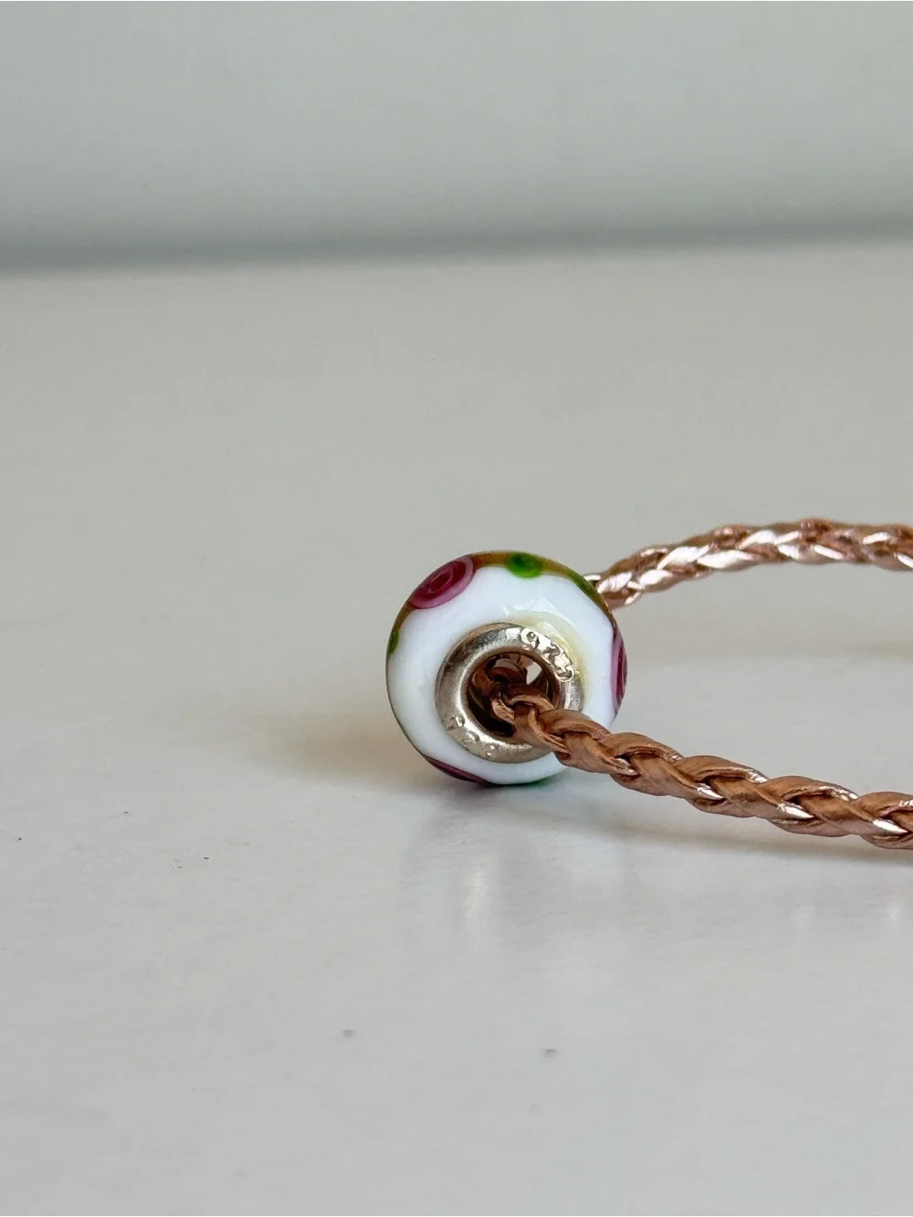 925 Sterling Silver White Pink Green Floral European Art Glass Murano Bead Charm
